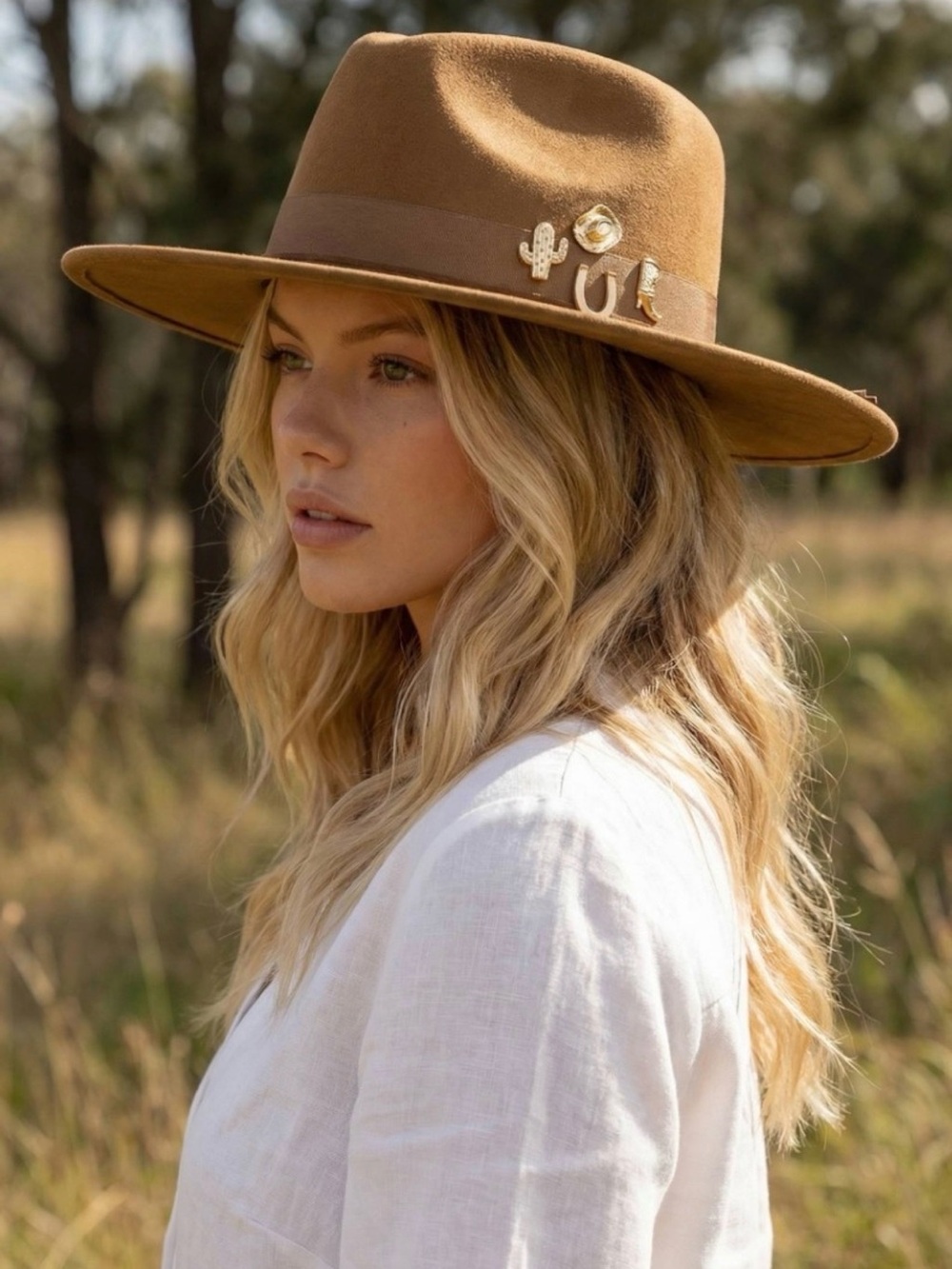 Fashion Nova Camel Wide Brim Felt Fedora with Pin Accents